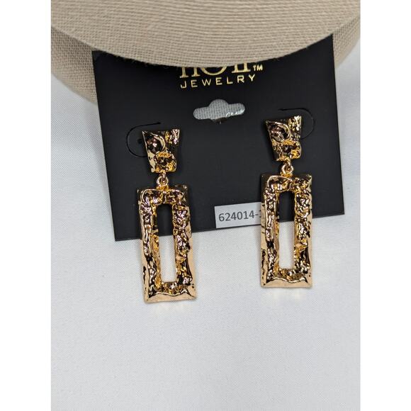nOir Gold Hammered Chunky Rectangle Drop Earrings - Picture 1 of 9